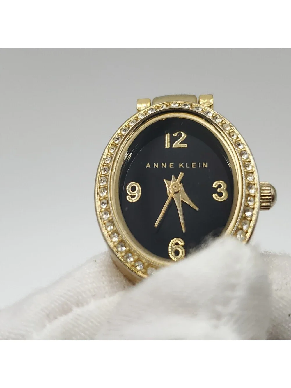 Anne Klein Oval Rhinestone Bezel Black Dial Womens Watch 19mm New Battery